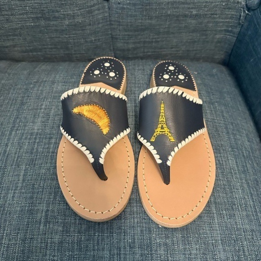 Jack Rogers Navy Paris Sandals Embroidered with Eiffel Tower & Croissant 5.5